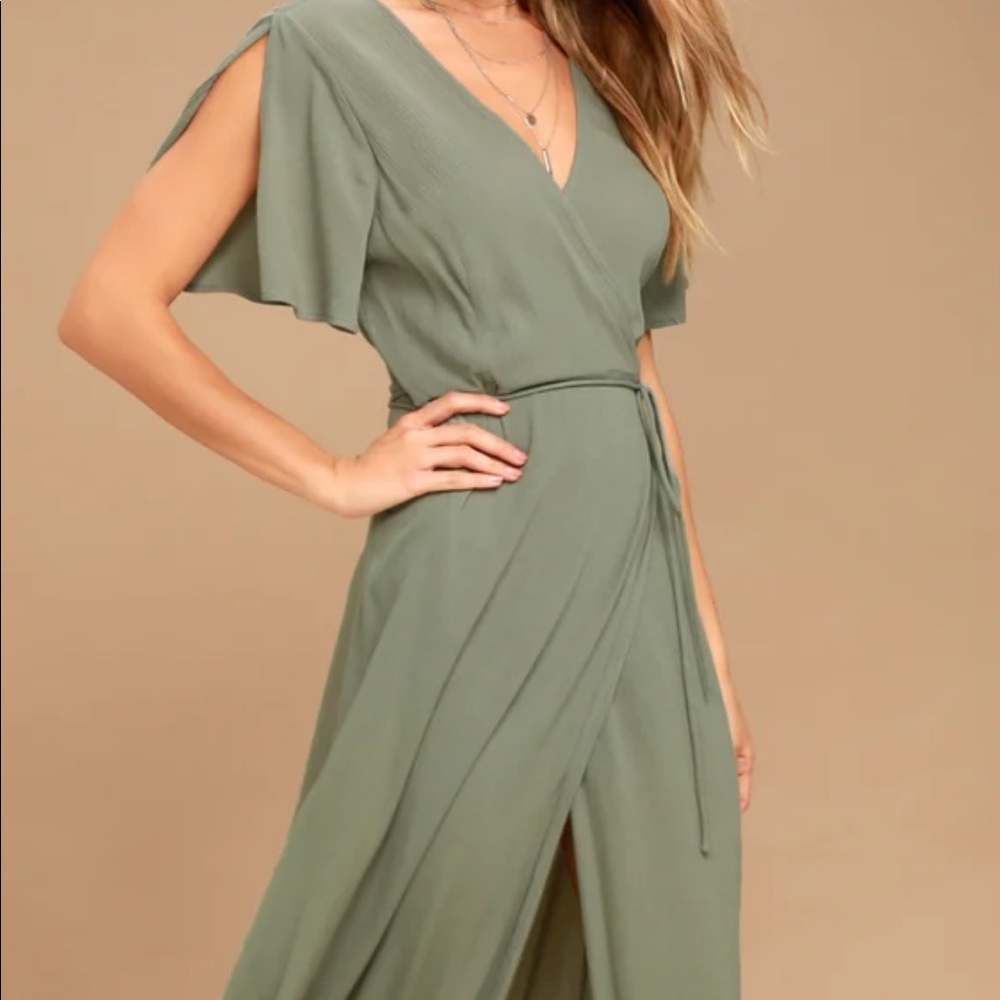 LuLus Much Obliged Washed Olive Wrap Maxi Dress
